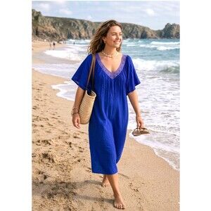 vtg Royal Blue Embroidered House Dress Swim Coverup Mexican Lounge OSFM S M L